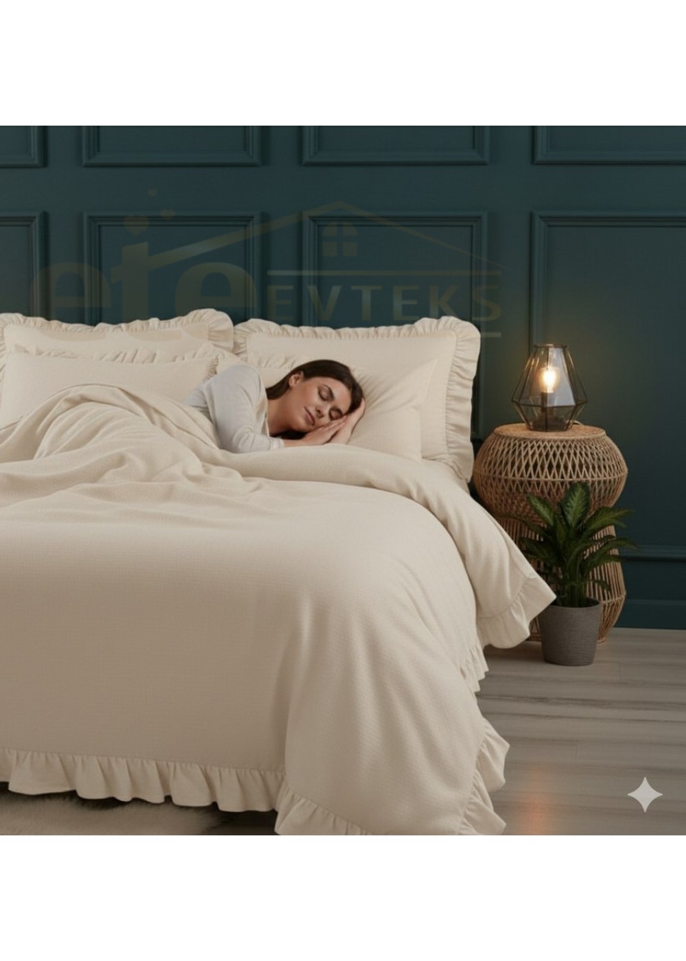 ETEHOMETEX %100 Doğal Pamuk Çift Kişilik Fırfırlı Nevresim Seti 200x220 cm CAPPUCİNO 8696474232032